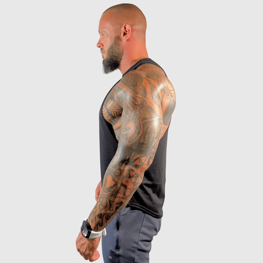Men's drop arm tank top in black, side view with wide armholes