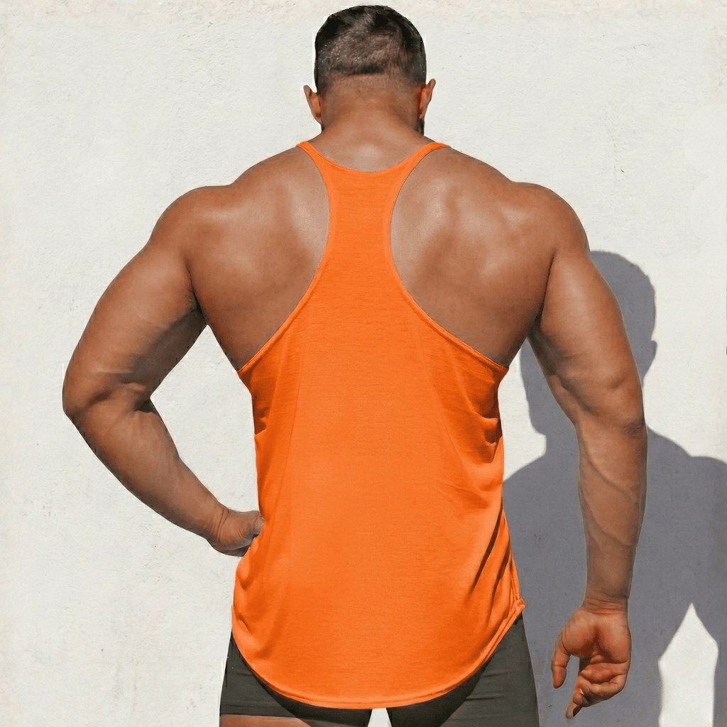 Orange stringer tank top with racerback cutout on the back