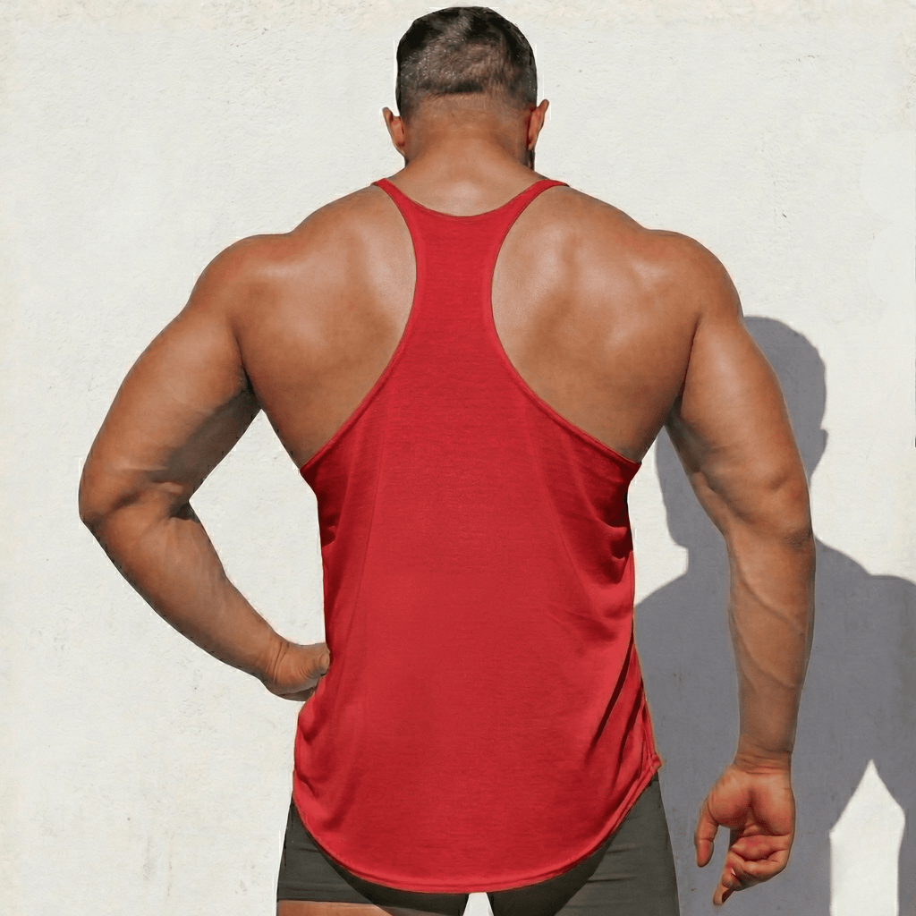 Red stringer tank top from back, racerback cut with open shoulder straps