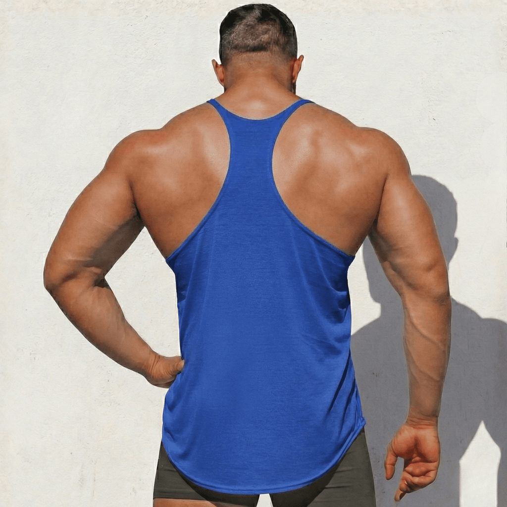 Royal blue stringer tank top, racerback back view with side seams and curved hem
