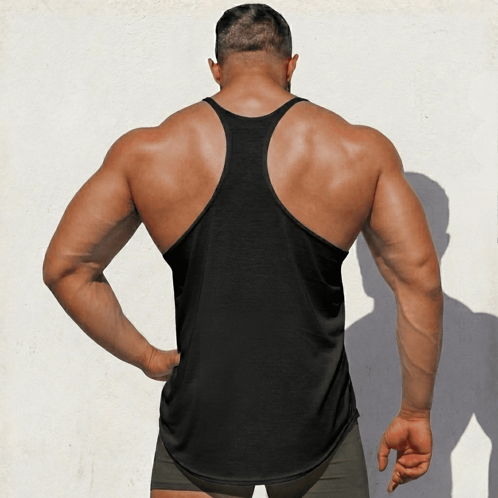 Black stringer tank top with racerback back view and curved sleeveless hem