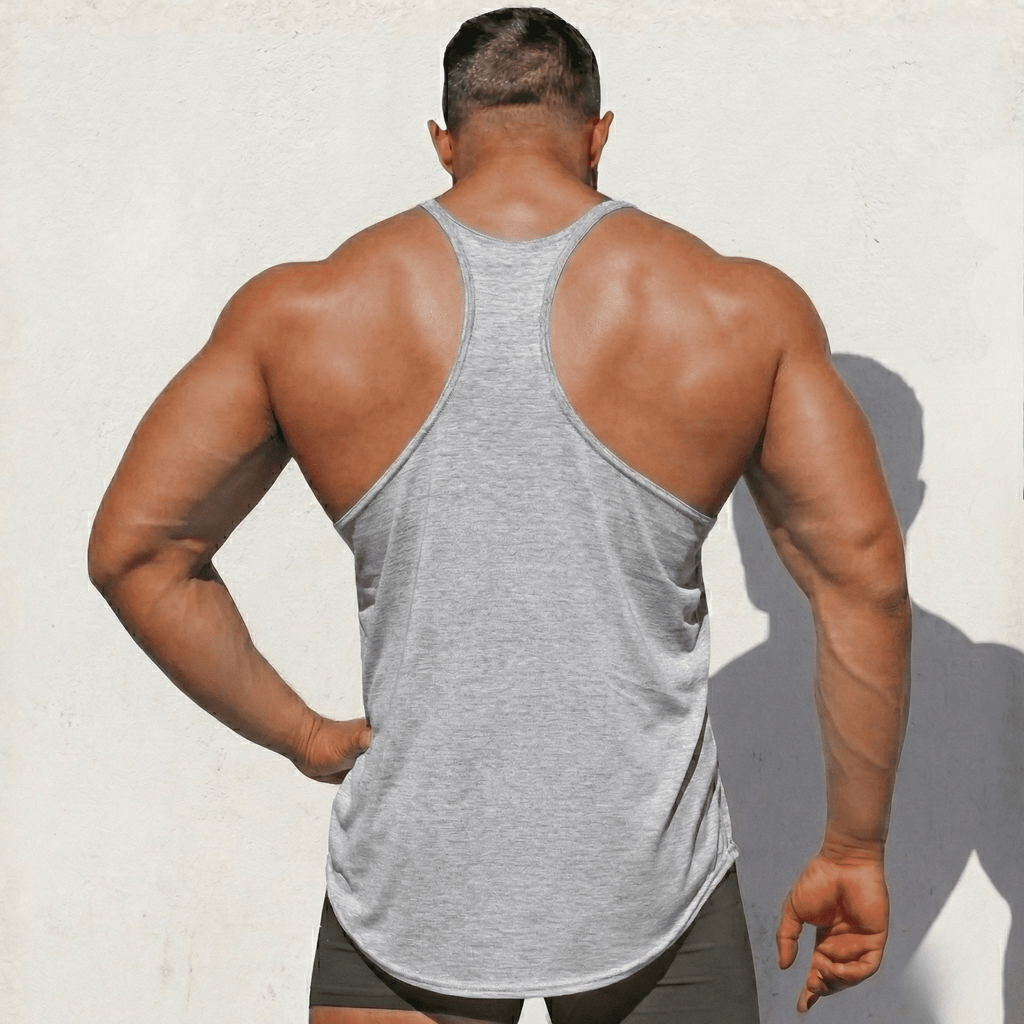 Heather gray stringer tank top, racerback back view with curved hem and side seams