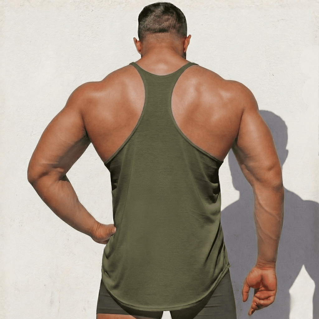 Army green stringer tank top, racerback back view with curved hem and side seams