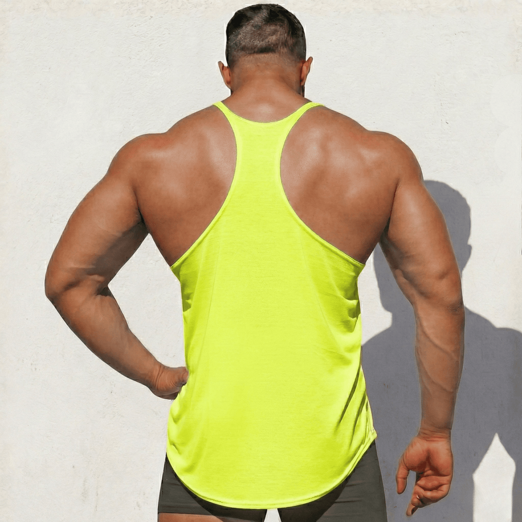Neon yellow stringer tank top from back, racerback straps and side hem