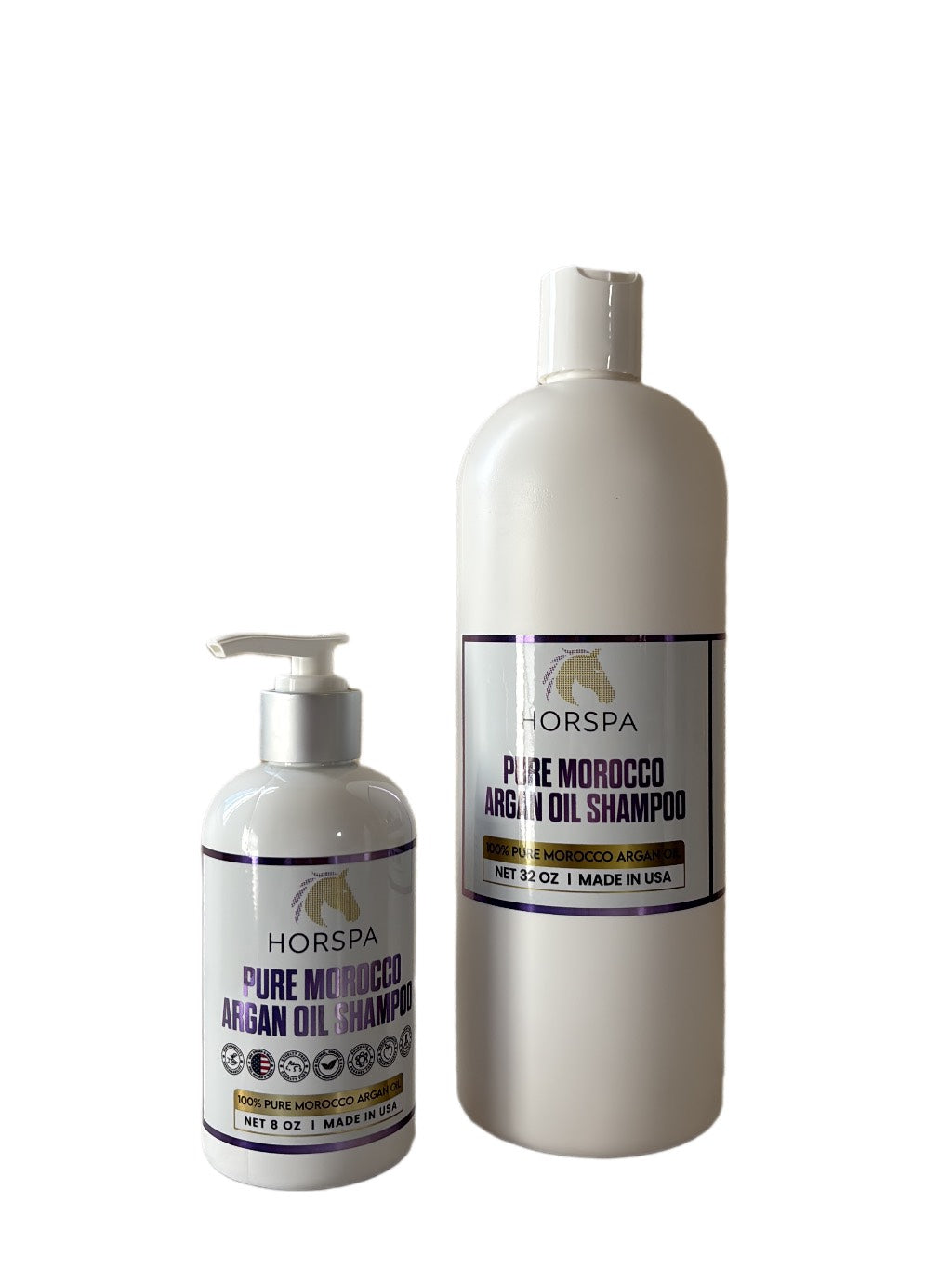 Argan oil shampoo bottles, white with purple label and pumps; two sizes shown