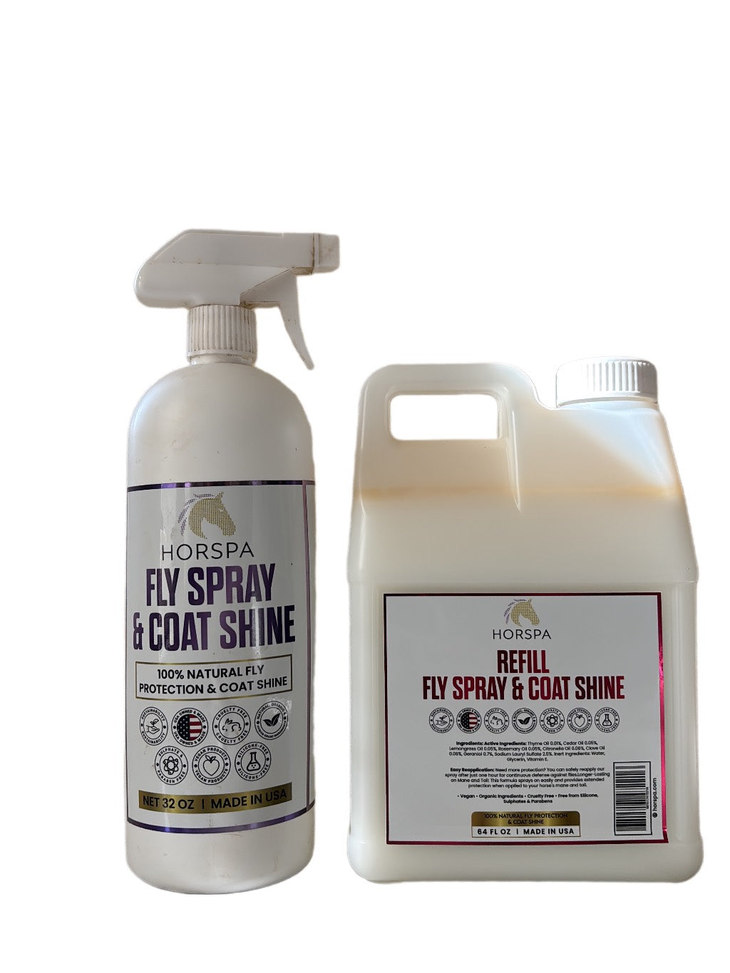 Horse fly spray and coat shine set: white trigger bottle and refill jug