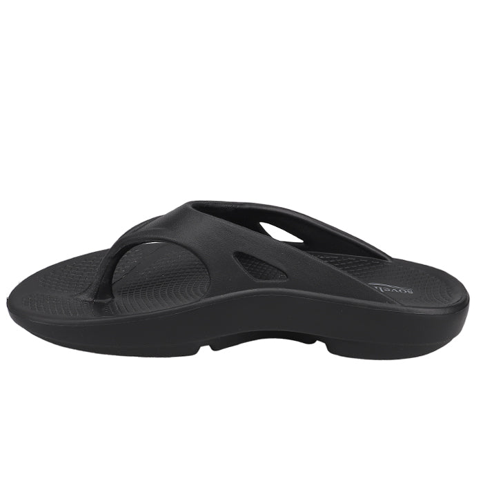 Women's black thong recovery sandals, profile view with patterned footbed