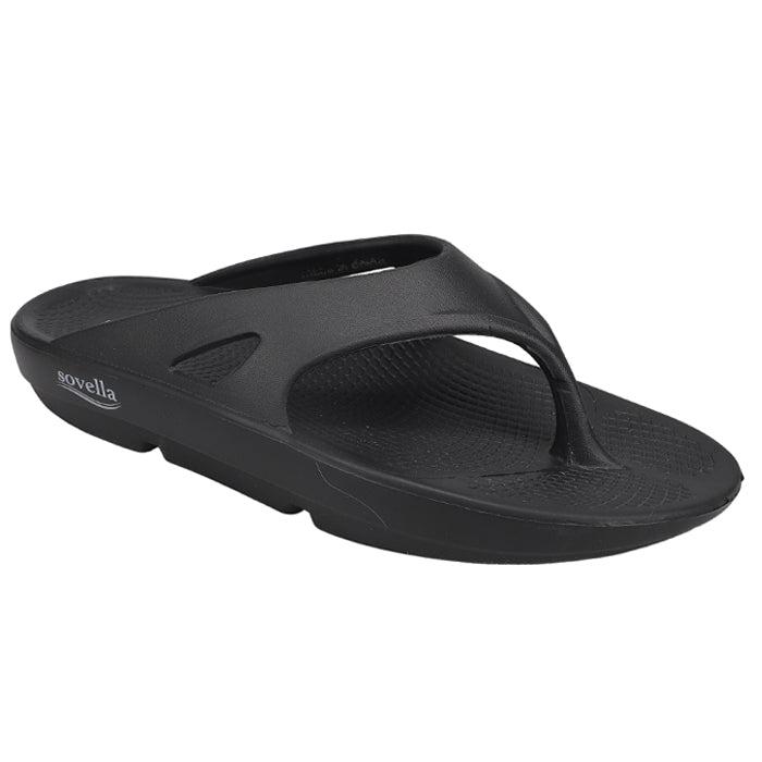 Women's black thong recovery sandals with textured footbed and cushioned platform