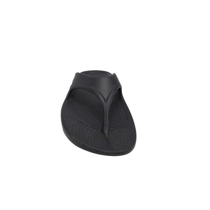 Women's black thong sandals, side view, showing contoured footbed and foam sole