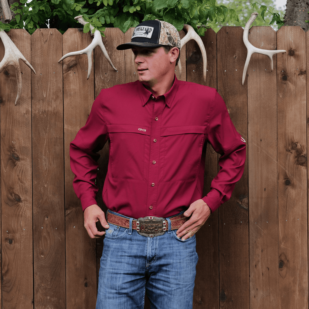 Oxblood long-sleeve scout shirt with button-down front and chest pocket