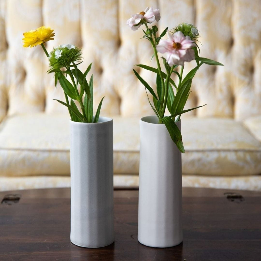 Handmade porcelain flower vase, silk white, two tall cylinders with spring flowers