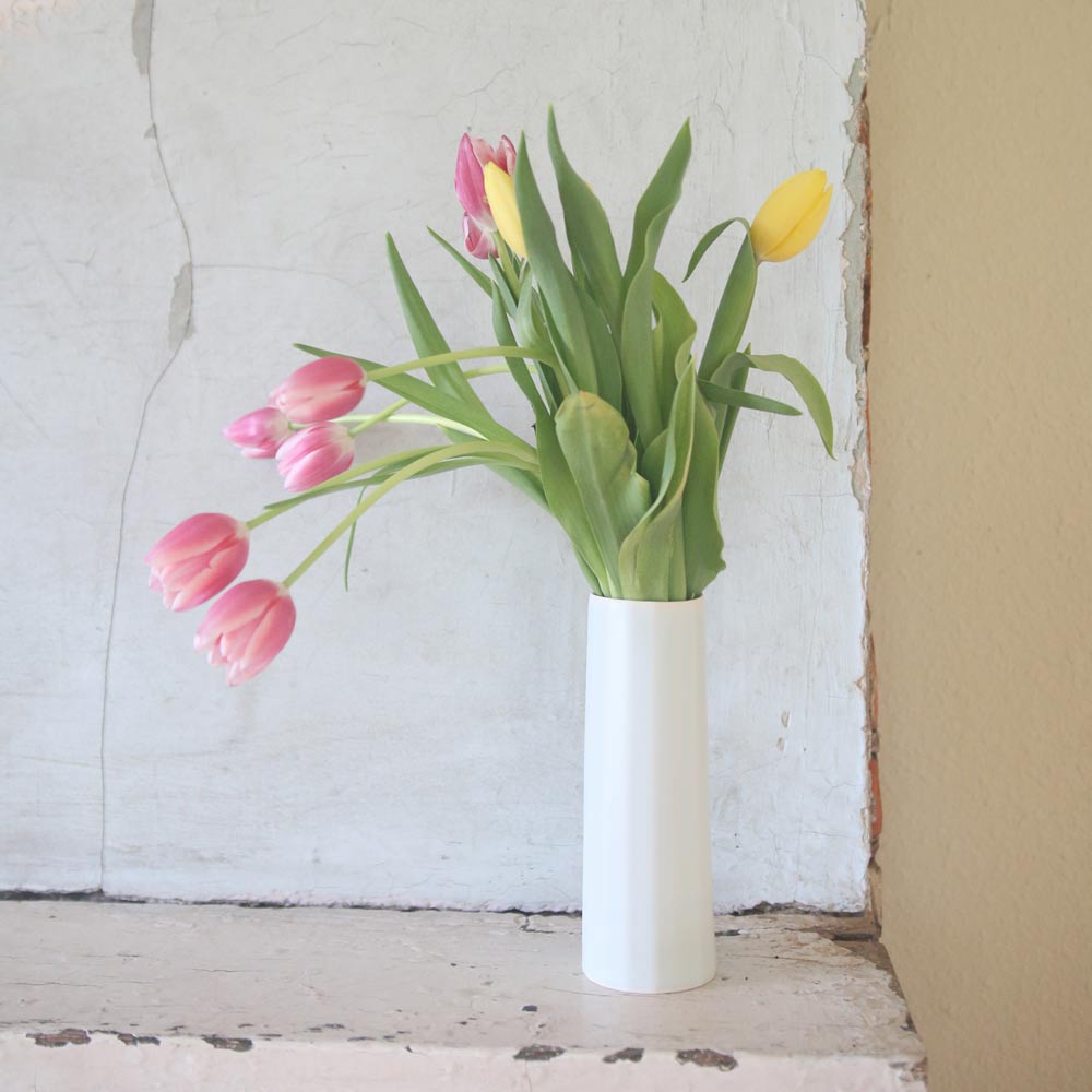 Handmade porcelain flower vase, silk white, tall cylinder with pink tulips