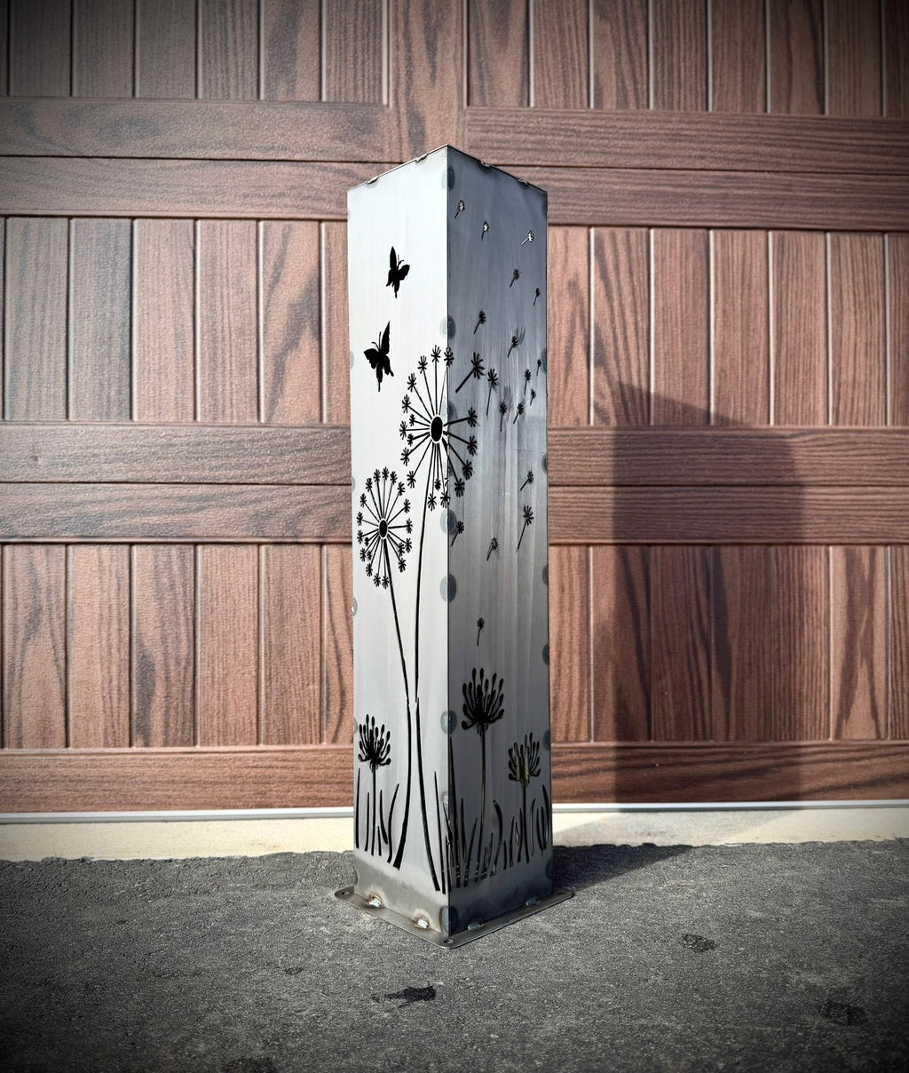 Solar steel luminary pillar light with black dandelion and butterfly cutout art