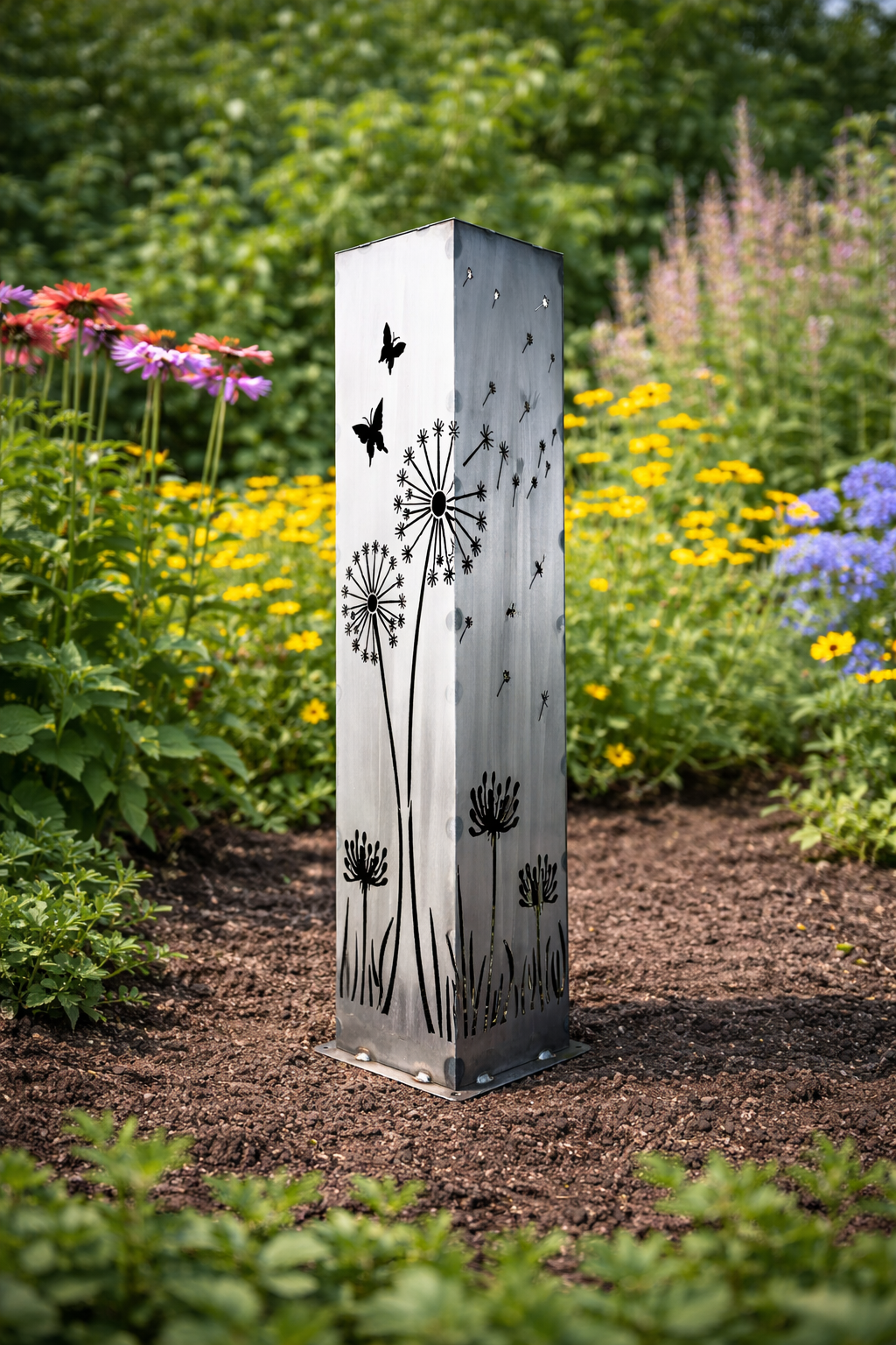 Solar steel luminary pillar light with butterfly and dandelion etched cutout panels