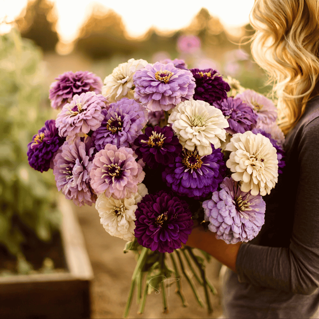 Purple, mauve, and cream zinnia flower bouquet held in a hand