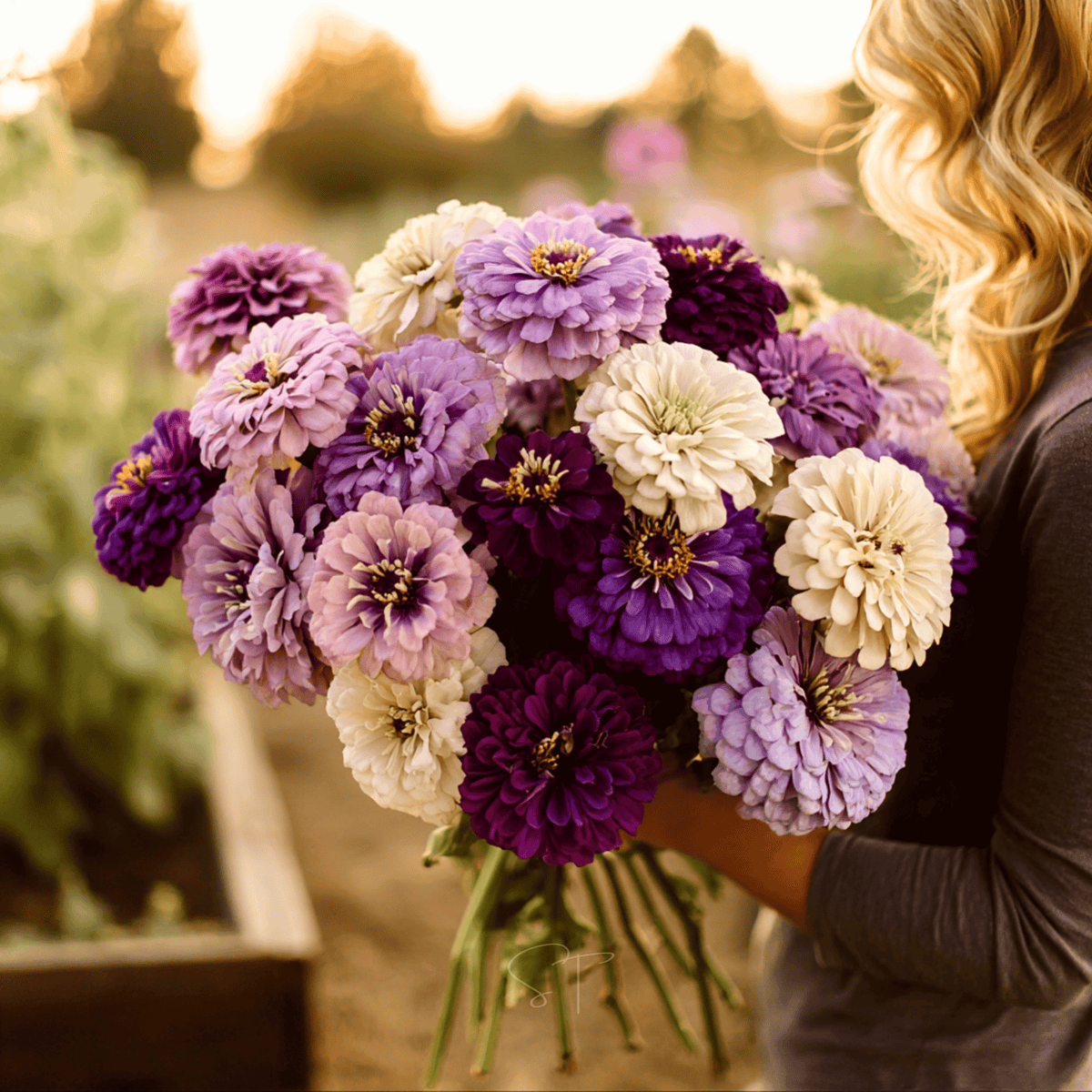 Purple, mauve, and cream zinnia flower bouquet held in a hand