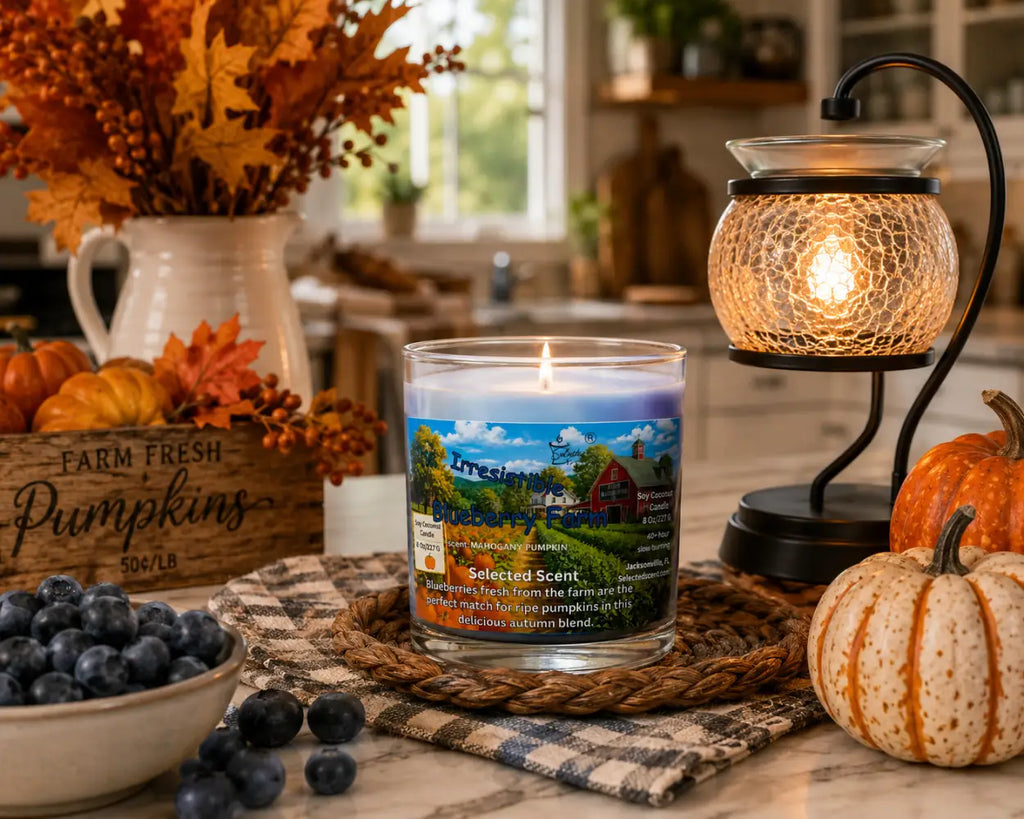Blueberry farm candle in clear glass jar with metal lid and lit flame