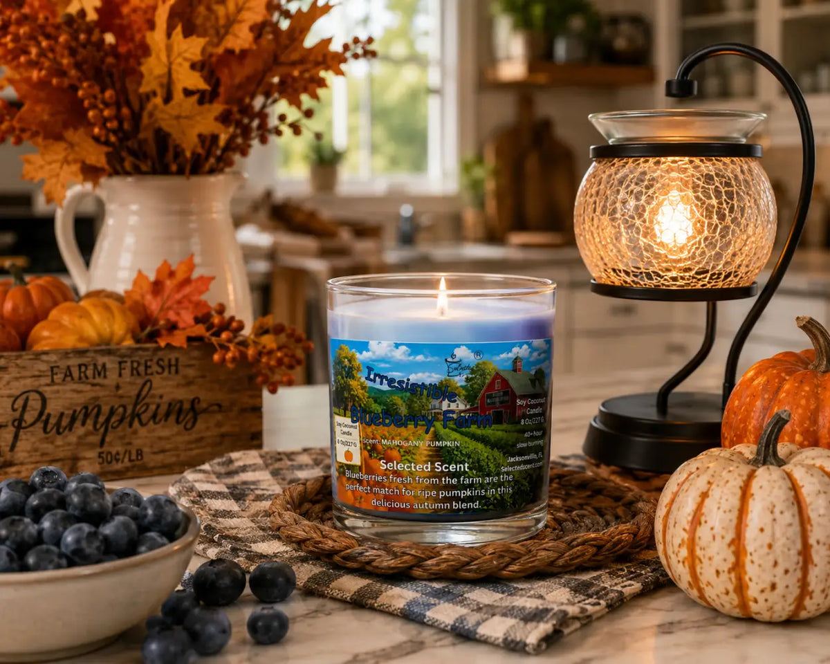 Blueberry farm candle in clear glass jar with metal lid and lit flame