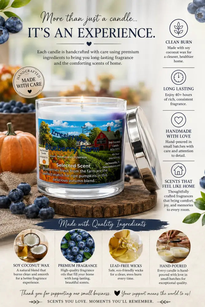 8 oz blueberry farm candle in clear jar with metal lid and printed scent label