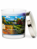 Marbled blueberry-scent candle in clear glass with metal lid and farm label