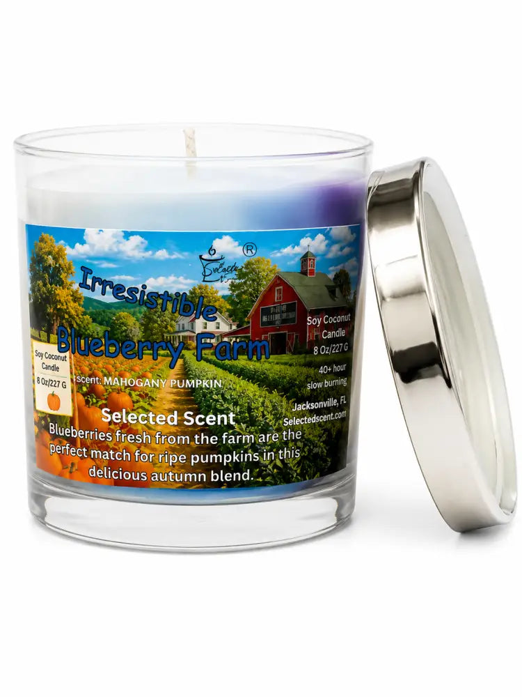 Marbled blueberry-scent candle in clear glass with metal lid and farm label