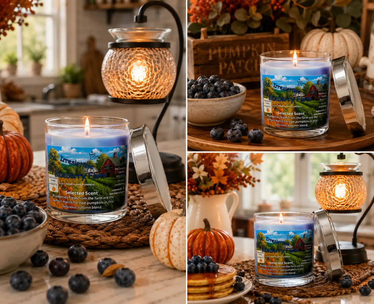 Blueberry farm candle in clear jar with open metal lid and lit flame