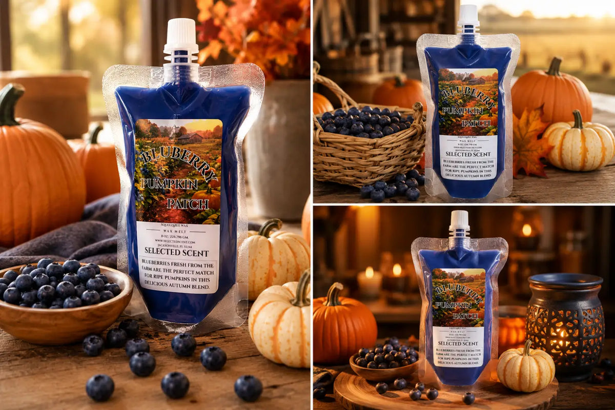 Squeezable wax melt pouch, Blueberry Pumpkin Patch, shown from multiple angles