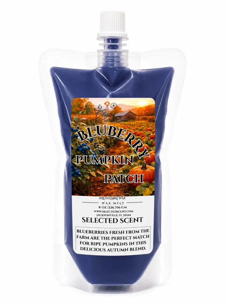 Squeezable wax melt pouch, Blueberry Pumpkin Patch label, front with cap spout