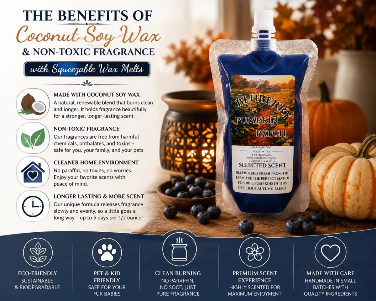 Squeezable wax melt pouch with Coconut Soy Wax benefits panel and Blueberry Pumpkin Patch