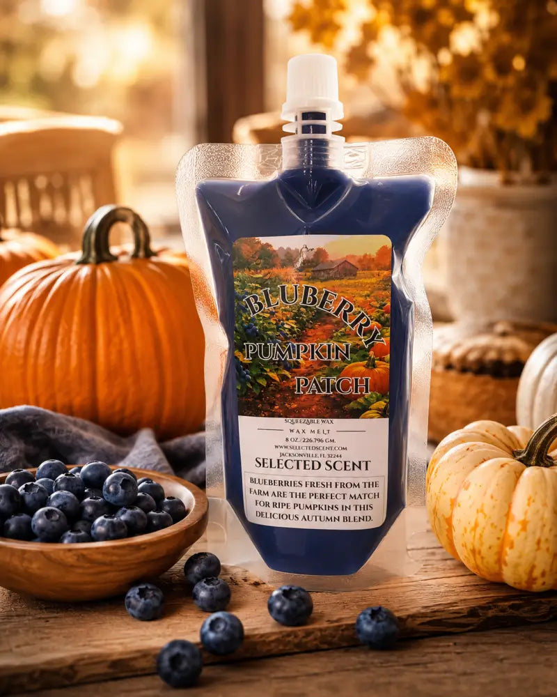 Squeezable wax melt pouch with Blueberry Pumpkin Patch label, cap spout on front