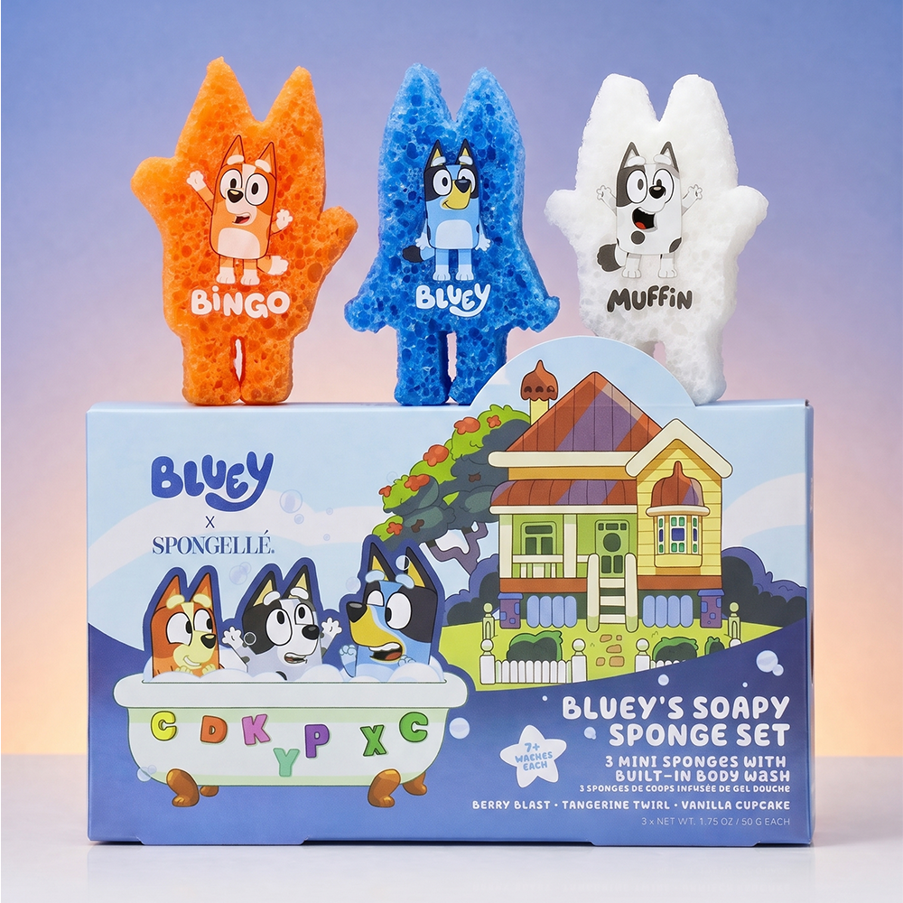 Bluey body wash infused buffer gift set packaging with three character buffer sponges