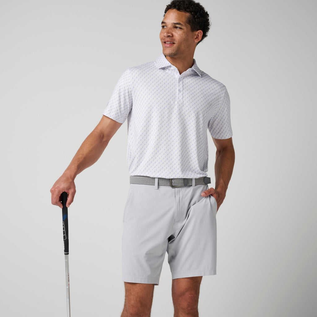 Light patterned performance polo shirt with short sleeves and button-up collar