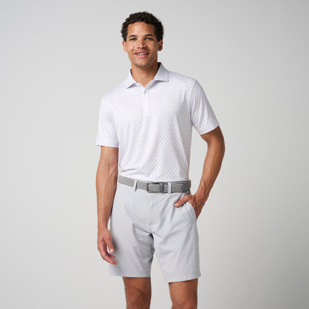 Light patterned performance polo shirt, front view with button placket and collar