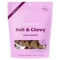 Pink dog treat pouch labeled Soft & Chewy Duck Recipe, wheat-free, 6 oz