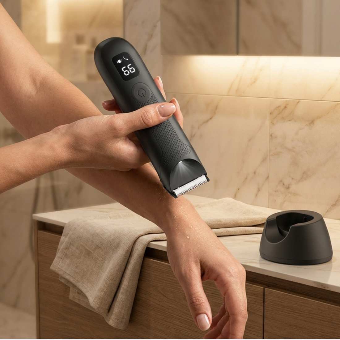 Black electric grooming shaver trimming beard with adjustable guard and display