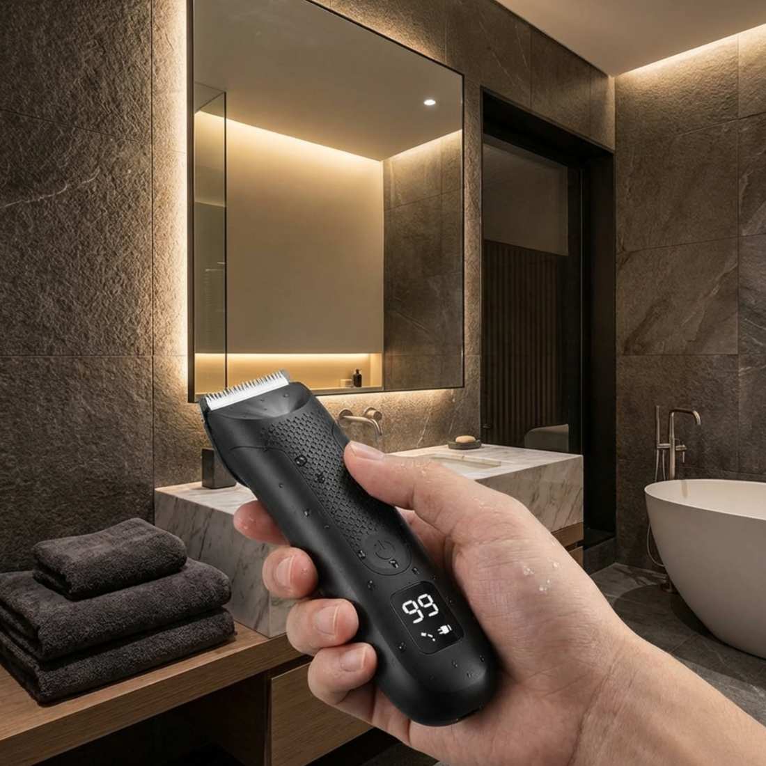 Black electric grooming shaver held toward countertop in a bathroom setting