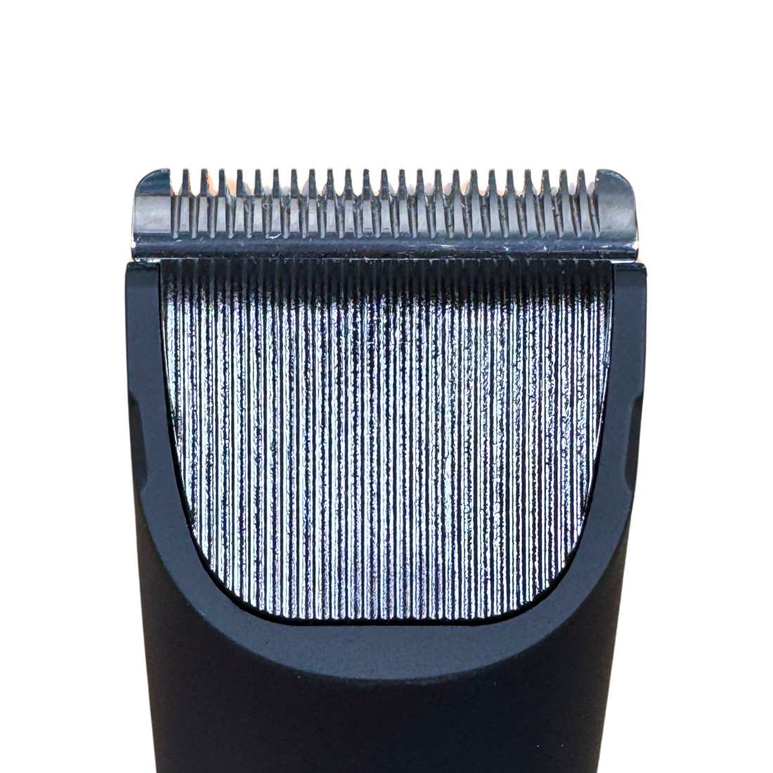 Close-up of metal cutting blades on a black electric grooming shaver head