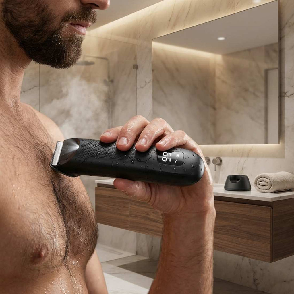 Handheld black electric grooming shaver being used on facial hair