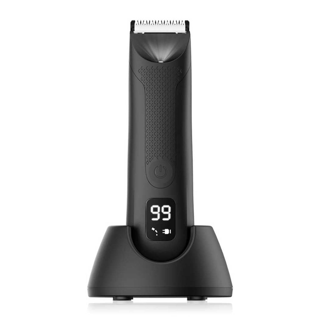 Black electric grooming shaver with digital display and wide charging base stand
