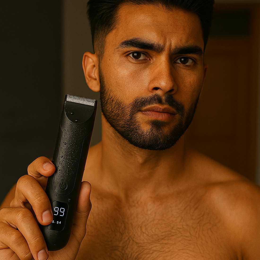 Man holding a black electric grooming shaver with lit display during shaving