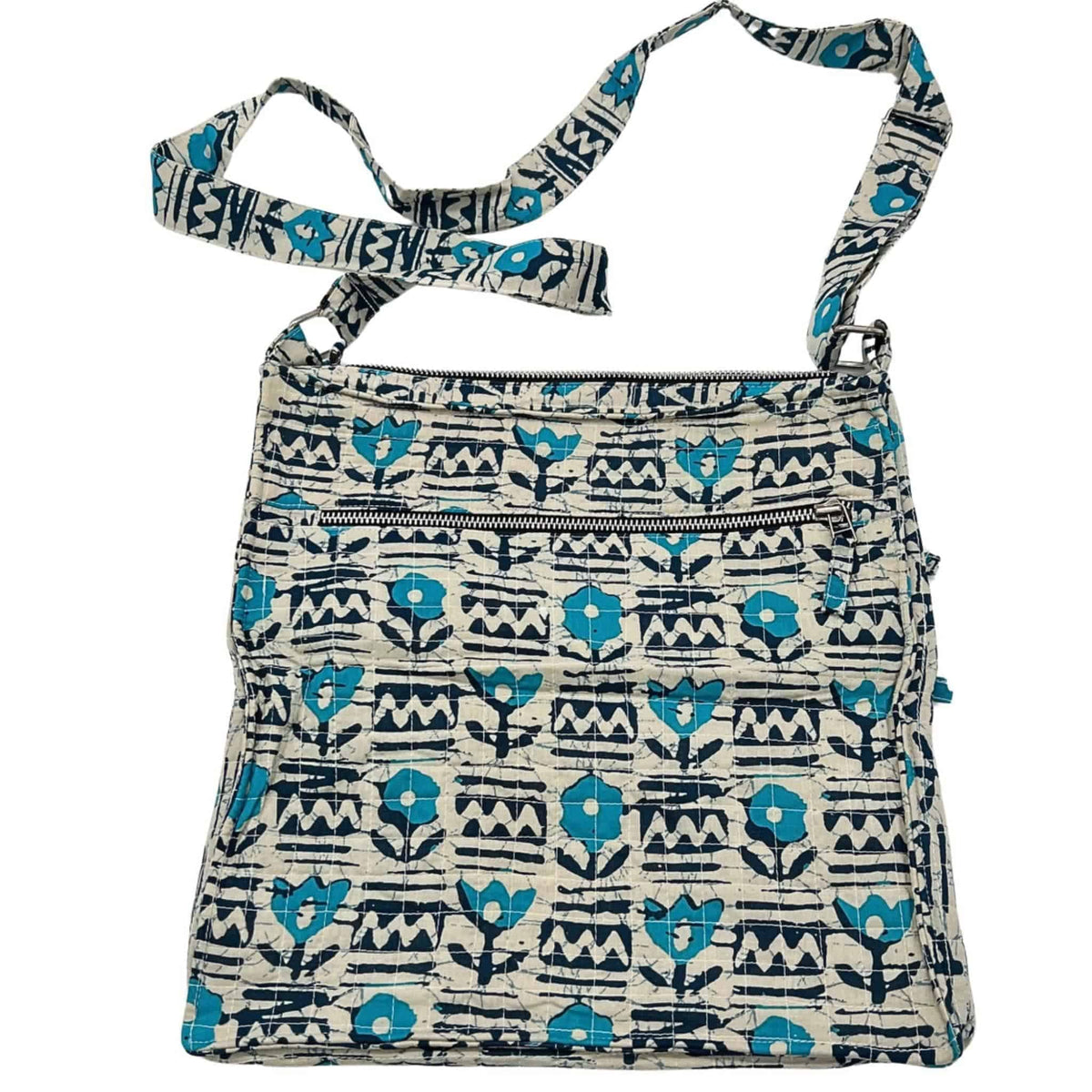 Boho crossbody bag with blue patterned print and three zippered front rows