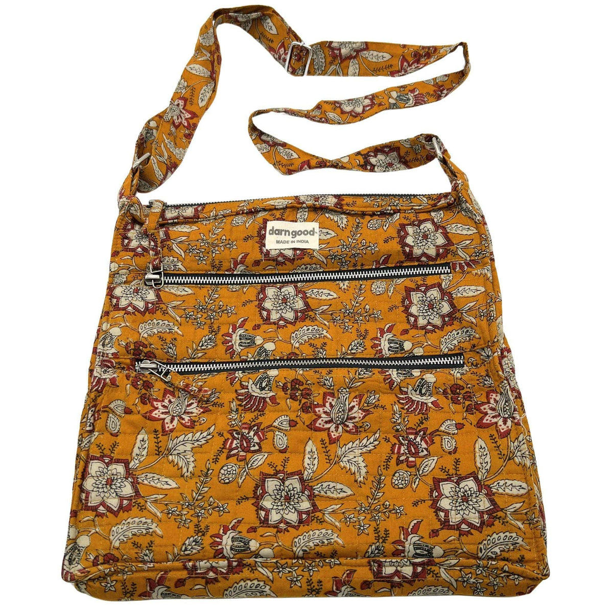 Boho crossbody bag with orange floral print and three zippered front rows