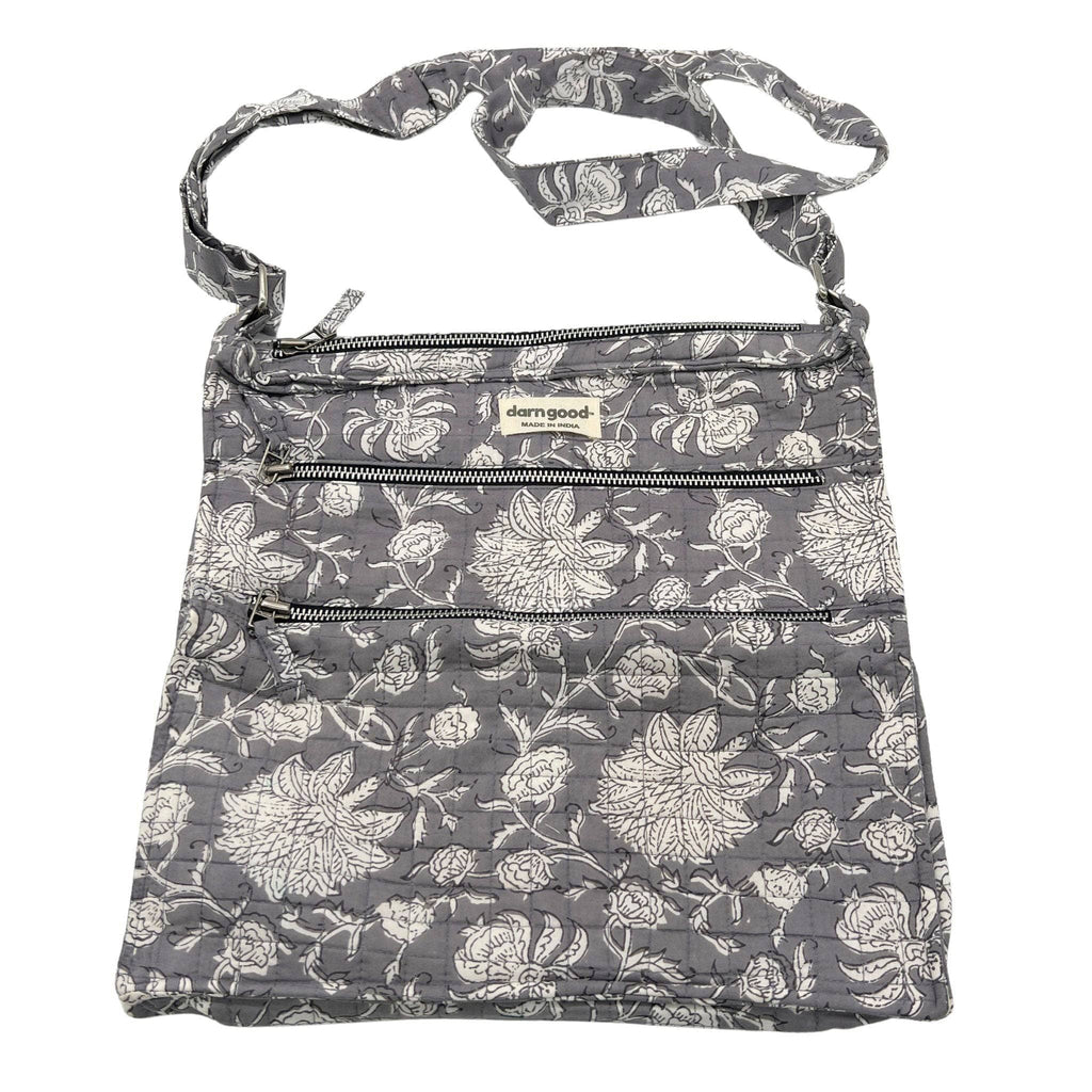 Boho crossbody bag with gray floral pattern and three zippered front rows
