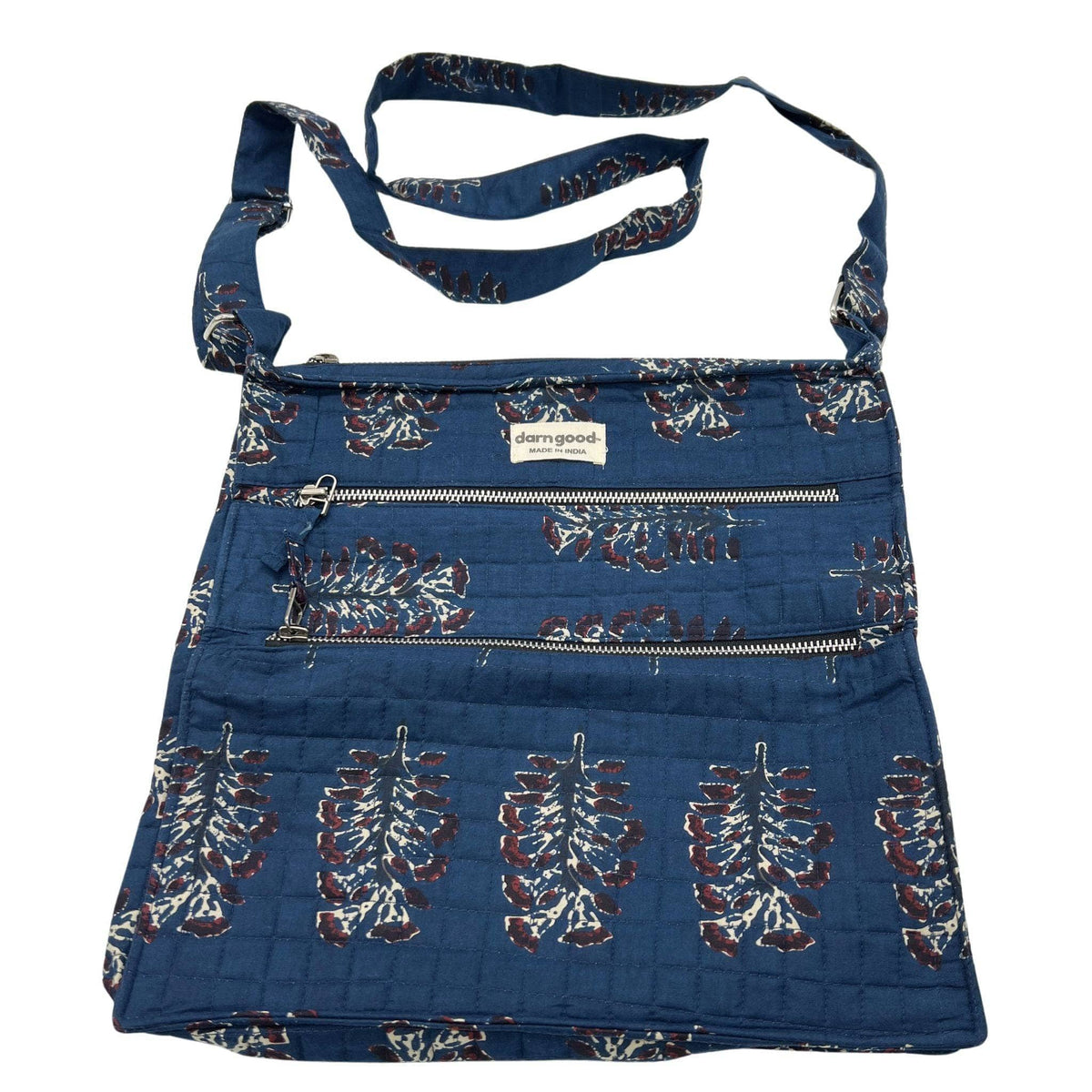 Boho patchwork crossbody bag in dark blue with zipper pocket and patterned front panel