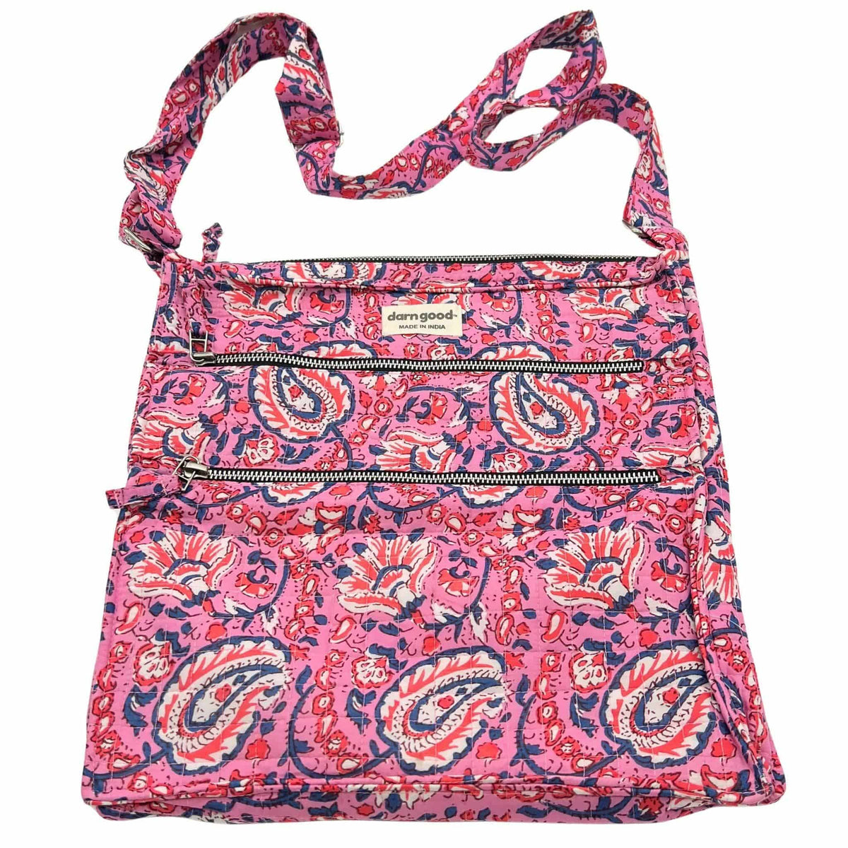Bold paisley print crossbody bag in pink and blue with top zip closure