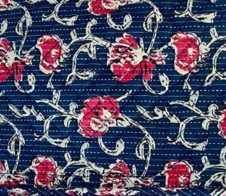 Navy patchwork fabric with red-and-white floral motifs and curved stitched lines
