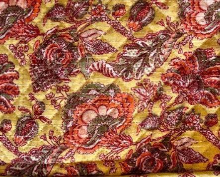 Ornate multicolor patchwork fabric with paisley and floral motifs on a warm base