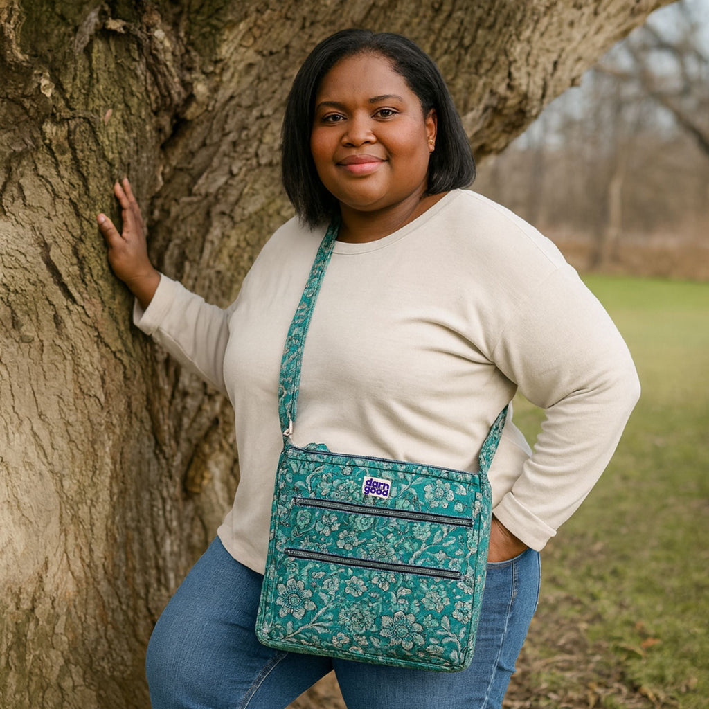 Boho patchwork crossbody bag in teal with zipper pocket and adjustable strap