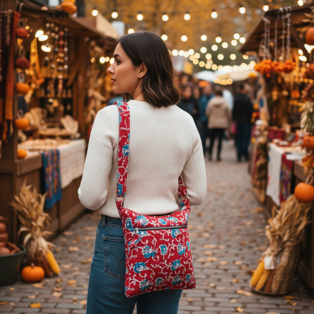 Boho crossbody bag with red-and-blue patchwork panels and three zippered rows