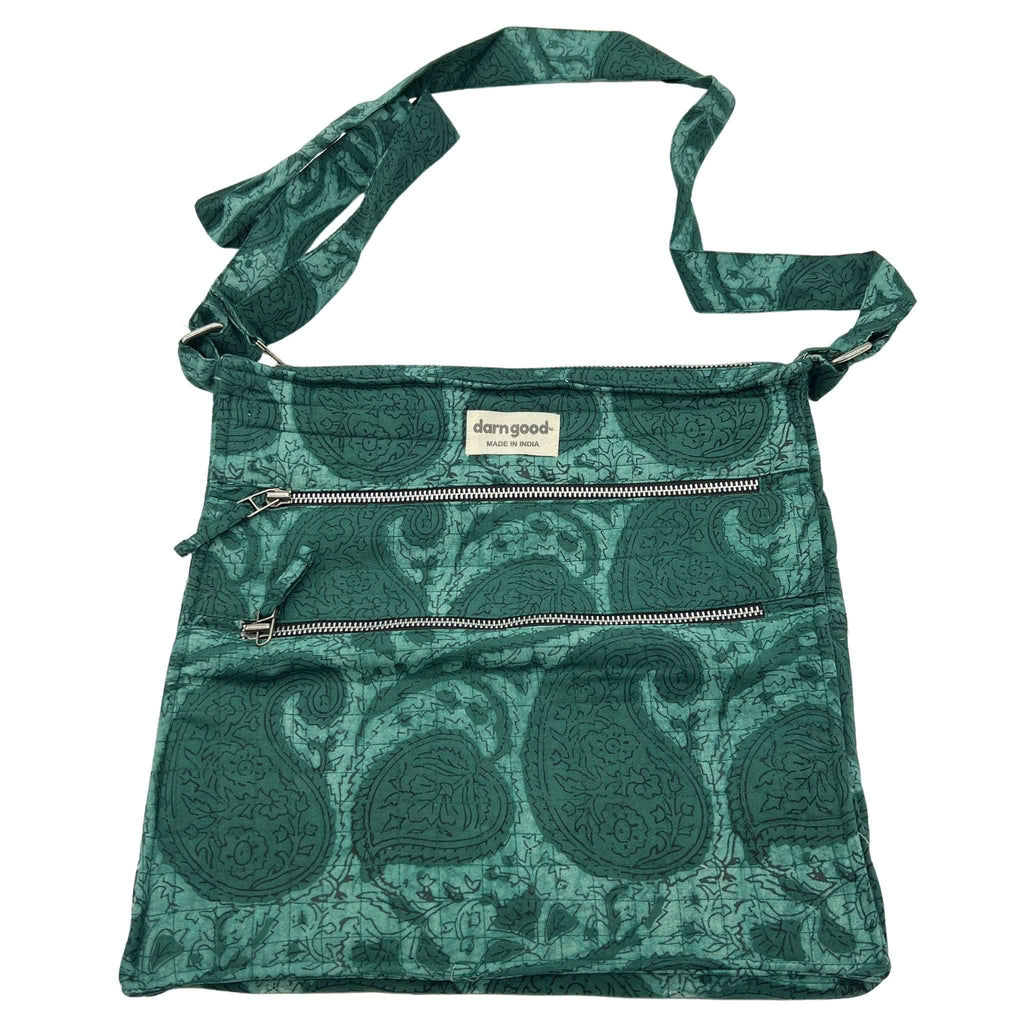 Boho crossbody bag with dark teal paisley print and three zippered front rows